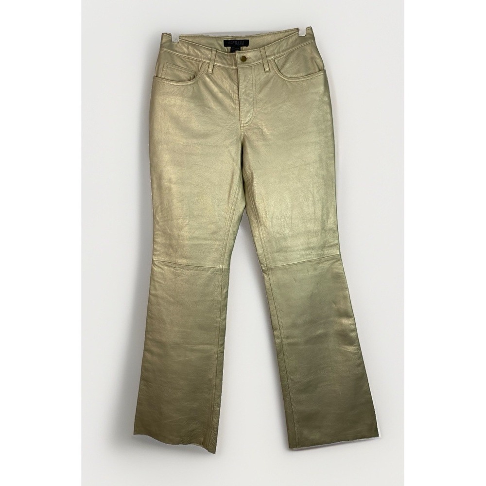 Express Women's 5/6 Gold 100% Leather Lined Flare Leg Pants